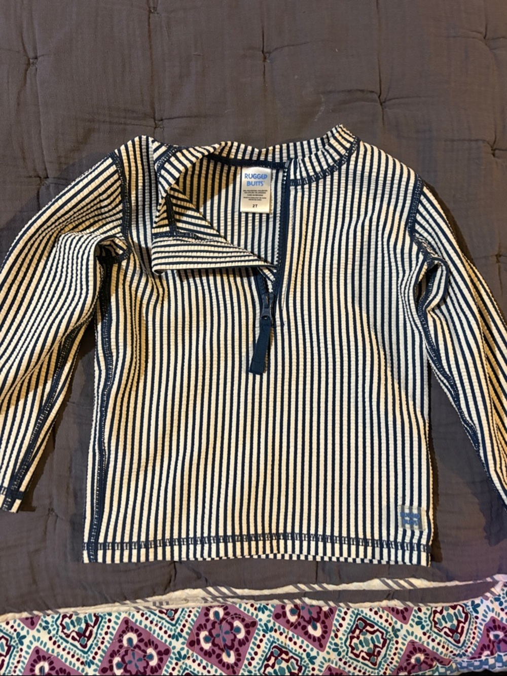 Navy & White Stripe Zip-Neck KidsSwim Top 2T